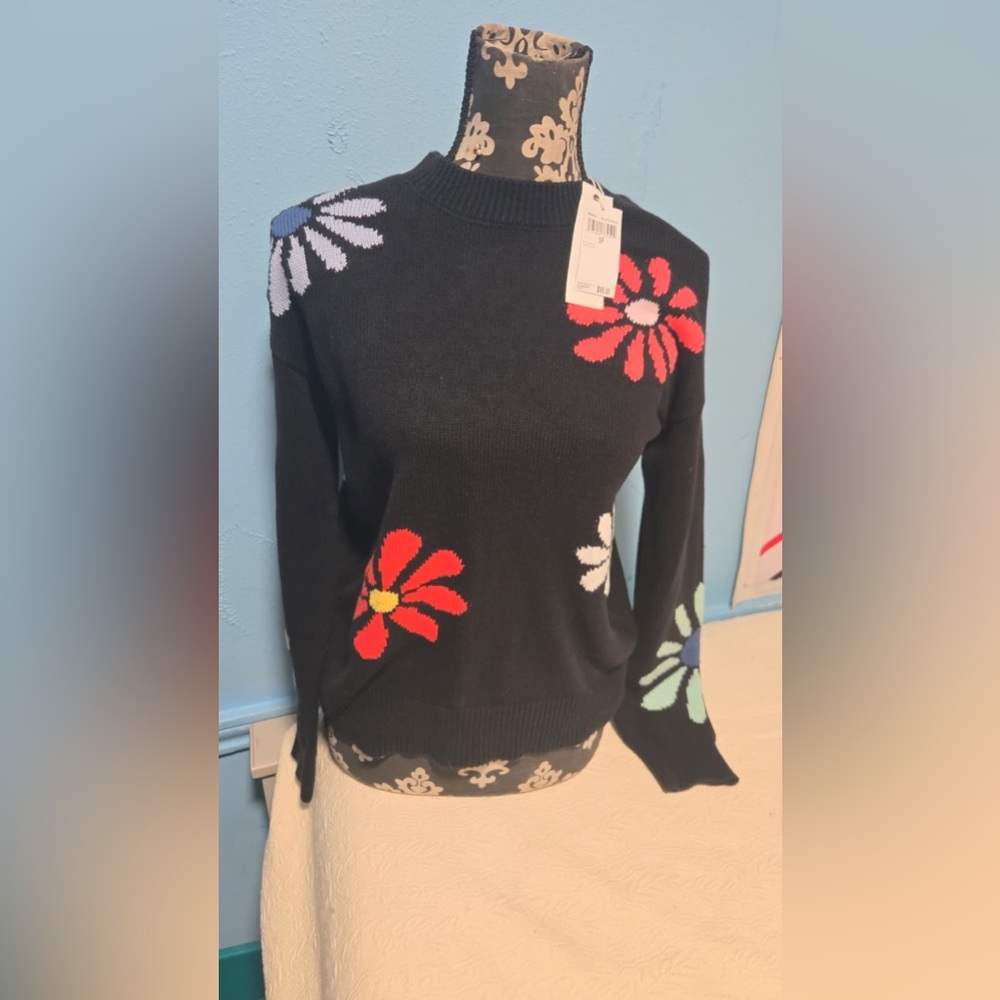 Workshop Republic Clothing Black Sweater with Floral Accents